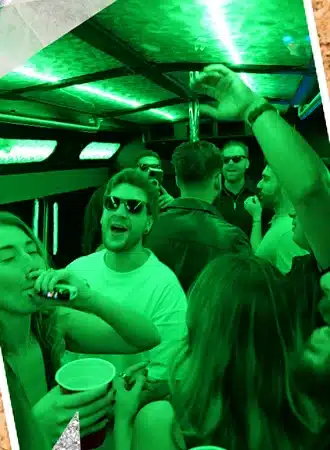 Birthday group dancing on the party bus