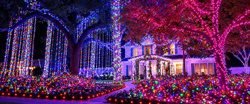 Houston home and trees decorated with multicolor Christmas lights at night